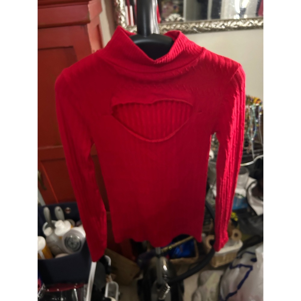 Love Culture Red Heart Cutout Ribbed Mock Neck Long Sleeve Top Y2K Valentine